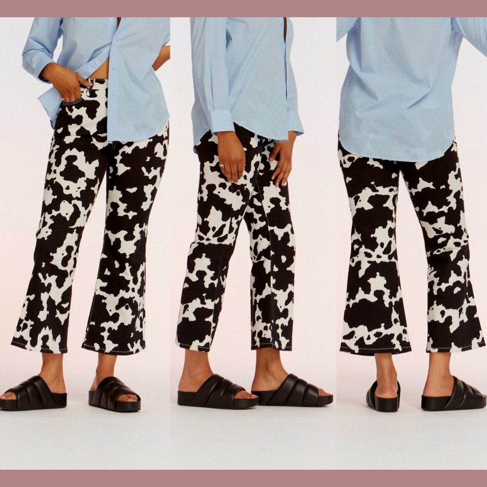 NEW $395 SIMON MILLER [ 24 ] Bell Bottom Jeans In Black White Cow‎ Print #Q375